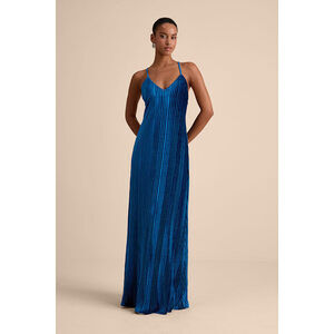 Lulus Kauri Dark Teal Blue Velvet Pleated Backless Maxi Dress - Size S